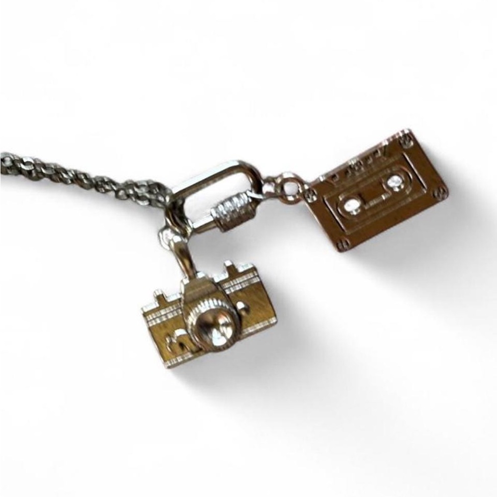 Silver Camera and Cassette Charm on a Diamond Carabiner Necklace